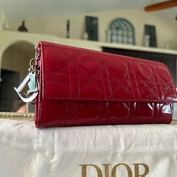 Lady Dior Cannage Quilted Cherry Red Patent Leather Calfskin Wallet Bag & Chain - Picture 11 of 17